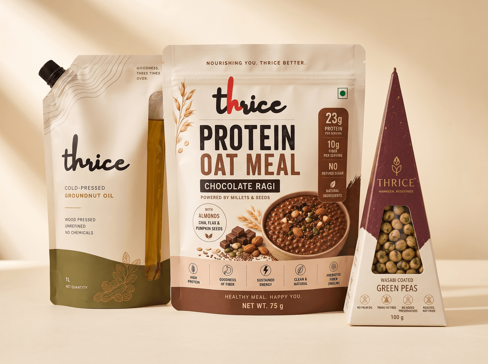 the thrice family: protein oat meal, cold-pressed groundnut oil, and gourmet namkeen